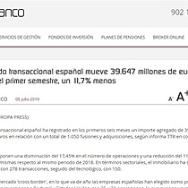 El mercado transaccional espaol mueve 39.647 millones de euros durante el primer semestre, un 11,7% menos